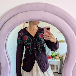 Purple Floral Knit Cottagecore Cardigan Size Medium